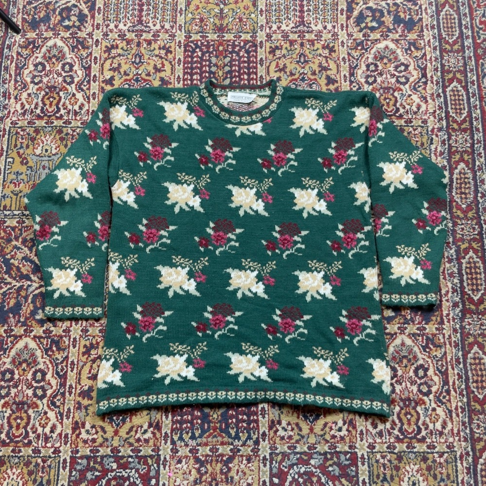 VTG 80s PRIVATE‎ EYES Womens Green Floral Knit Pattern Sweater Made in USA L